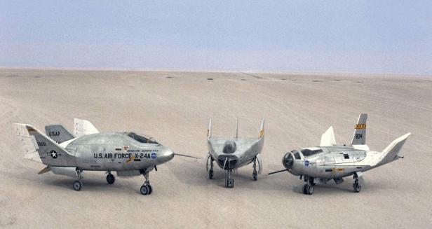 The powered lifting bodies at Edwards AFB: (L to R) X-24A, M2-F3 and HL-10