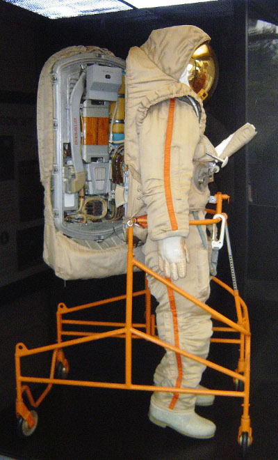 A Krechet Soviet moon suit showing the hinged entry door [IMG: Wikipedia CC License]